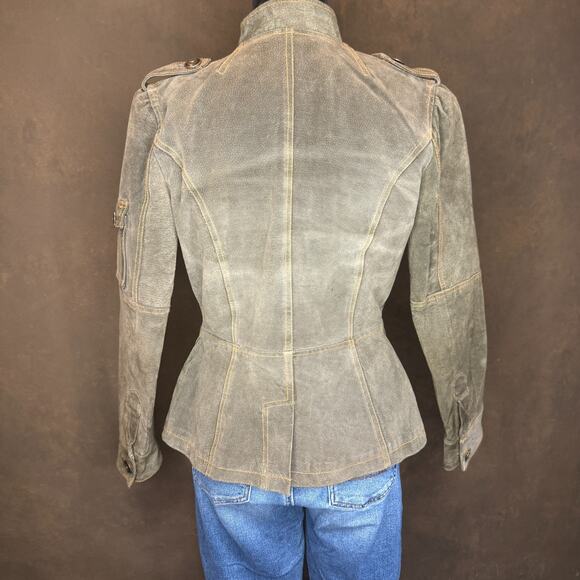 Jennyfer J 100% Nubuc Leather Military Moto Jacket Women’s S Olive Green - Picture 3 of 15